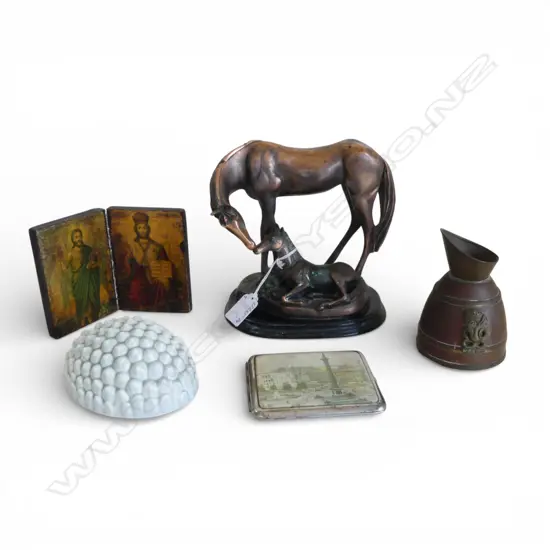 FOLDED ICON, CIGARETTE CASE, COPPER JUG WITH TIKI DECORATION (A/f), RESIN HORSE SCULPTURE, NZ PORCELAIN DECORATION