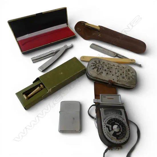 LIGHTER, LIGHT METER, CUT THROAT RAZORS ETC