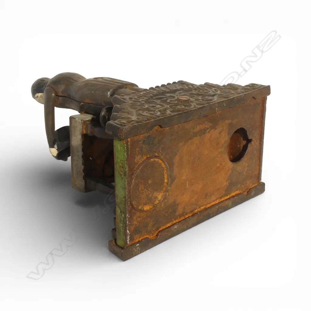 ANTIQUE CAST IRON MECHANICAL 'MAGICIAN BANK' MONEY BANK missing bottom coin plate H.200mm Image 1++