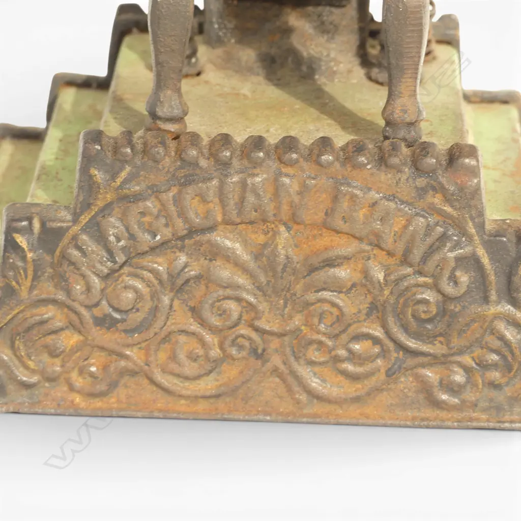 ANTIQUE CAST IRON MECHANICAL 'MAGICIAN BANK' MONEY BANK missing bottom coin plate H.200mm Image 1++