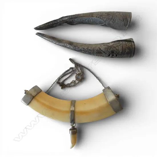 BOAR TOOTH SECTION PENDANT NECKLACE + 2 ENGRAVED INDONESIAN SILVER FINGER EXTENSIONS used when dancing