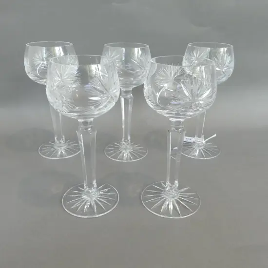 5 TALL CUT CRYSTAL WINE GLASSES, H.190mm