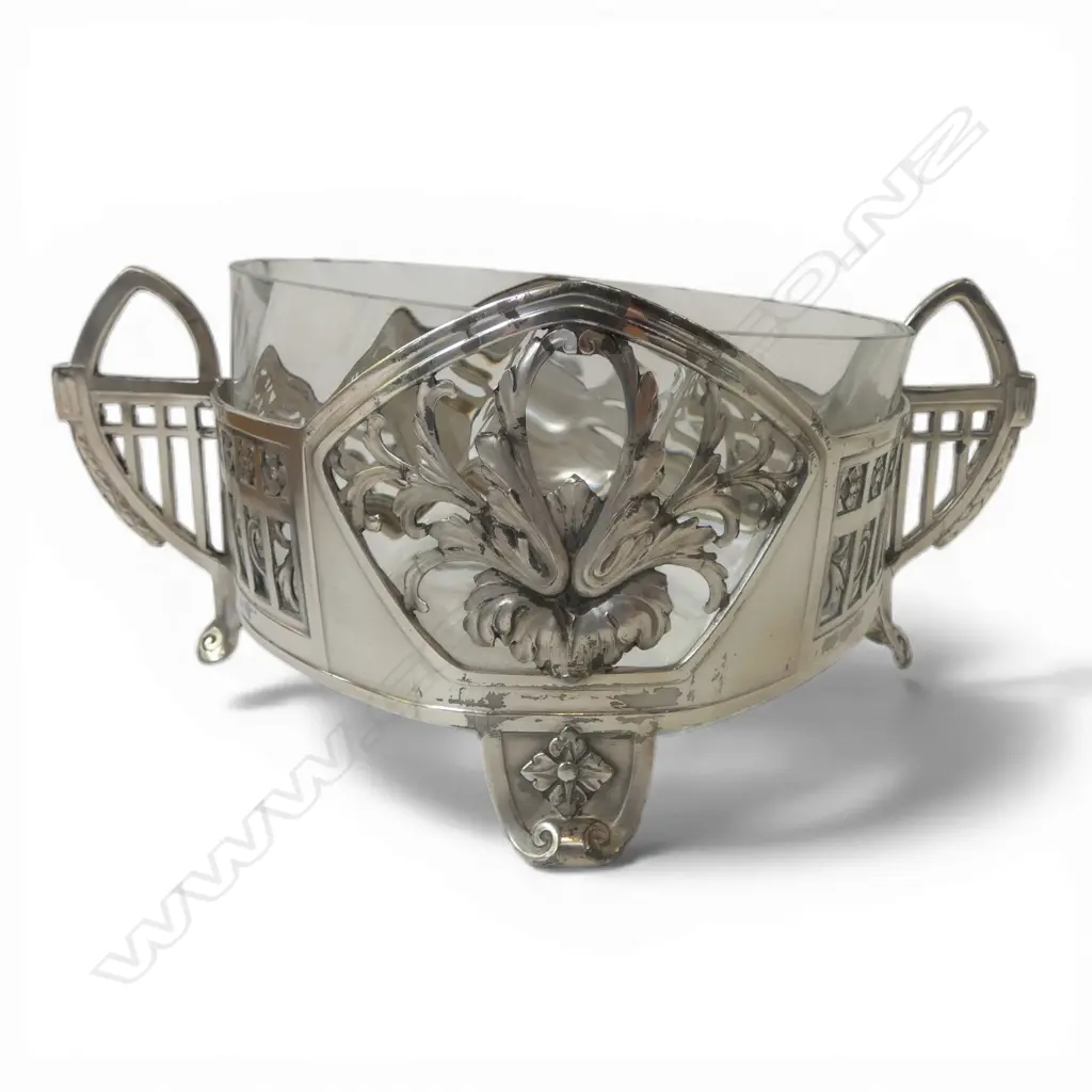 GERMAN JUGENDSTIL KAYSER SILVER PLATED DISH + MODERN GLASS LINER BOWL 220mm dia Image 1++