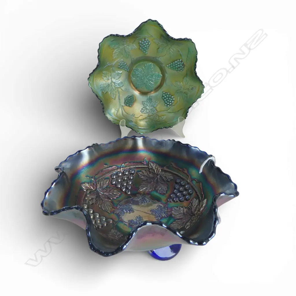 2 CARNIVAL GLASS BOWLS; GRAPE & VINE DESIGN 220mm dia Image 1++