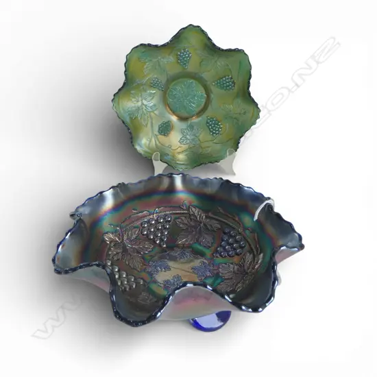 2 CARNIVAL GLASS BOWLS; GRAPE & VINE DESIGN 220mm dia