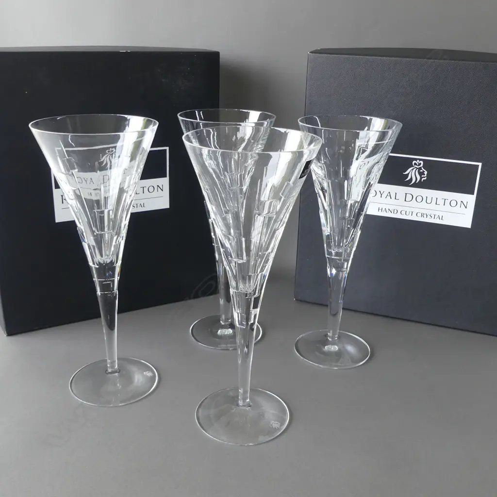 4 AS NEW BOXED R/DOULTON CRYSTAL CHAMPAGNE FLUTES Image 1++