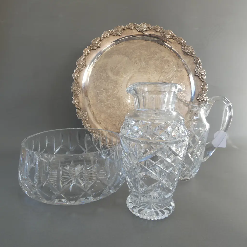 FANCY SILVER PLATE TRAY + 3 CRYSTAL PCES: bowl + jug + dble spout caraffe? Image 1++
