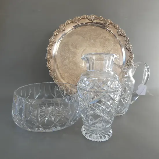 FANCY SILVER PLATE TRAY + 3 CRYSTAL PCES: bowl + jug + dble spout caraffe?