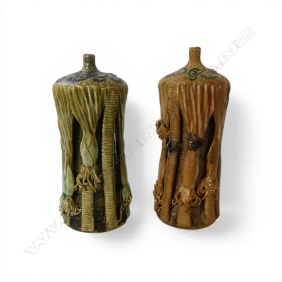 TWO KEUM SUN LEE NIKAU VASES, KORU TOPS, H.200mm
