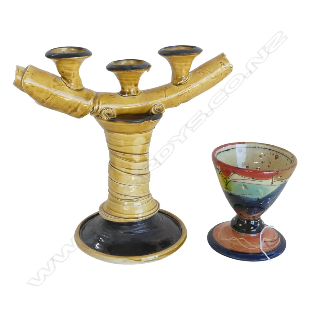 N.Z. STUDIO POTTERY CANDELABRA H.240mm + WINE CUP Ex. Anneke Borren Collection Image 1++
