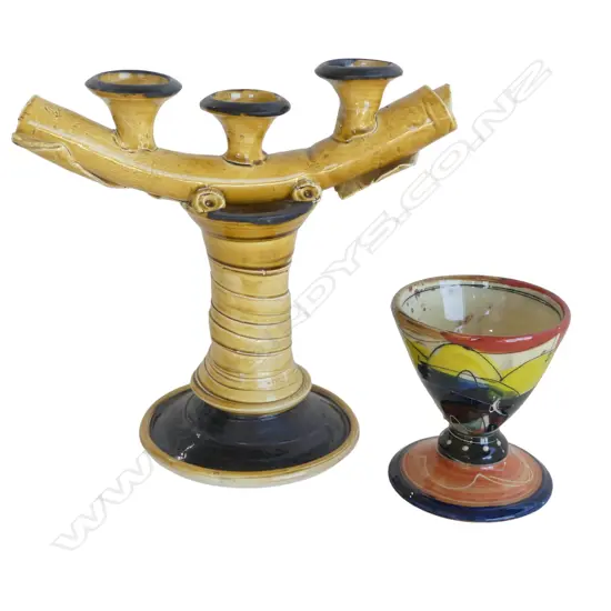 N.Z. STUDIO POTTERY CANDELABRA H.240mm + WINE CUP Ex. Anneke Borren Collection
