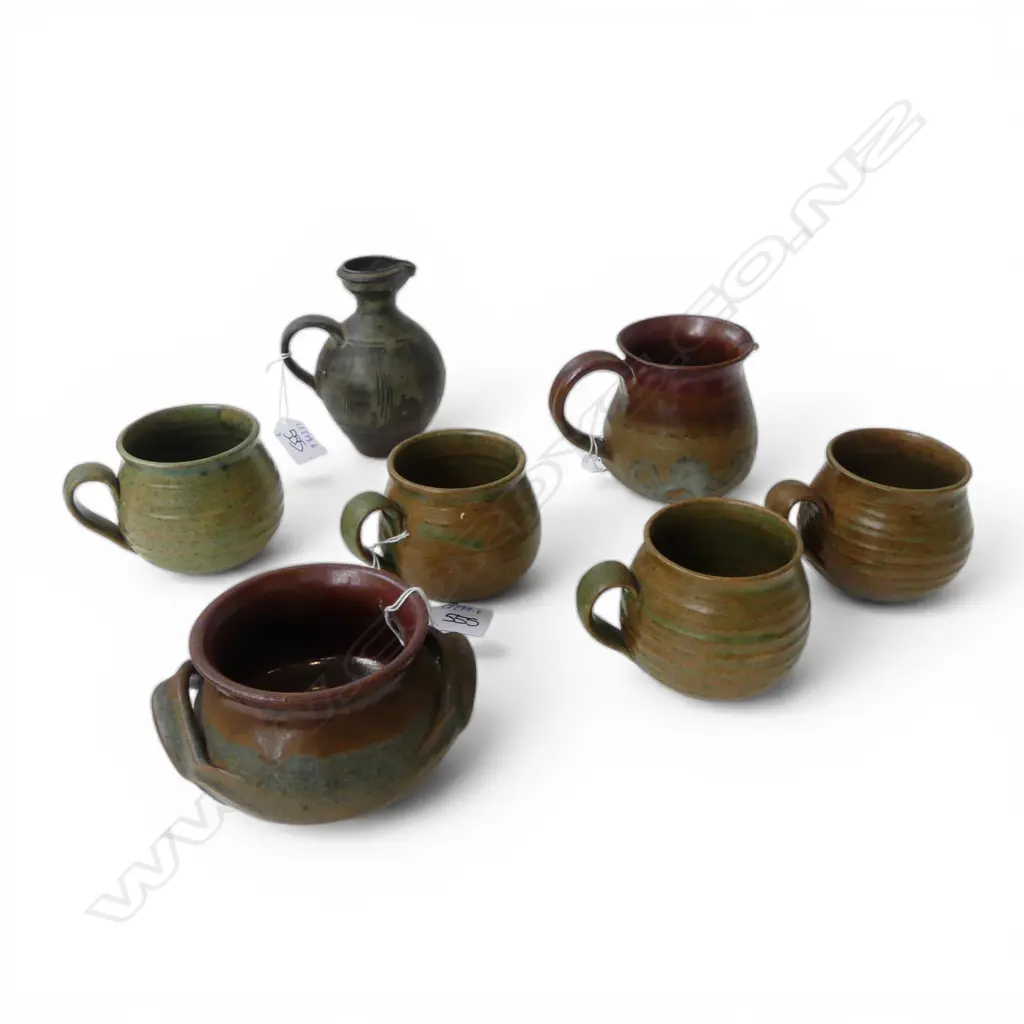 COLLECTION OF NZ STUDIO POTTERY INCL. 4 CUPS, 2 JUGS (MARK INDISTINCT ON ONE), 1 BOWL Image 1++