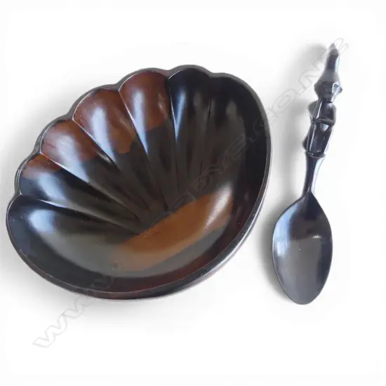 VINTAGE AFRICAN WOODEN SALAD BOWL WITH decorated SPOON, L.260mm