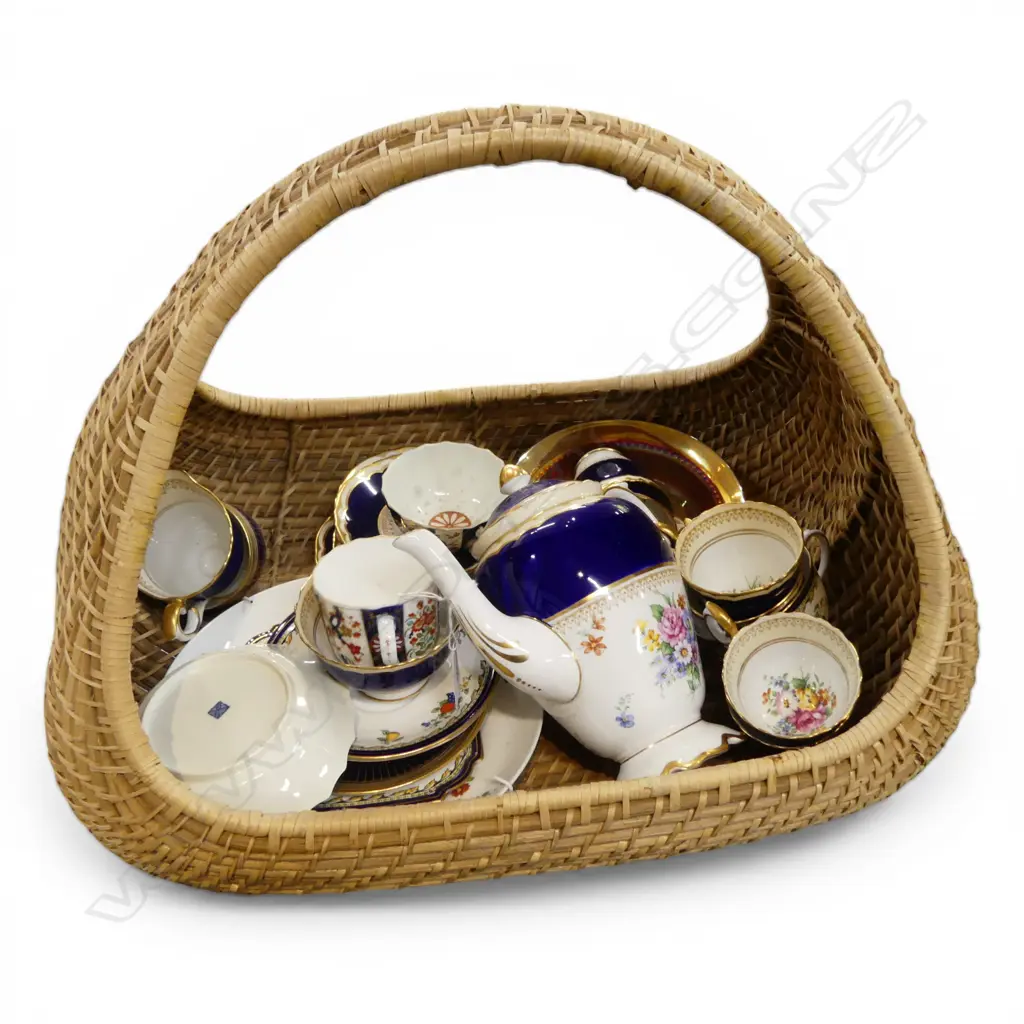 ASST. CHINA, TEA CUPS, SAUCERS, MILK JUG, COFFEE POT, ORANGE CARNIVAL GLASS DISH Image 1++