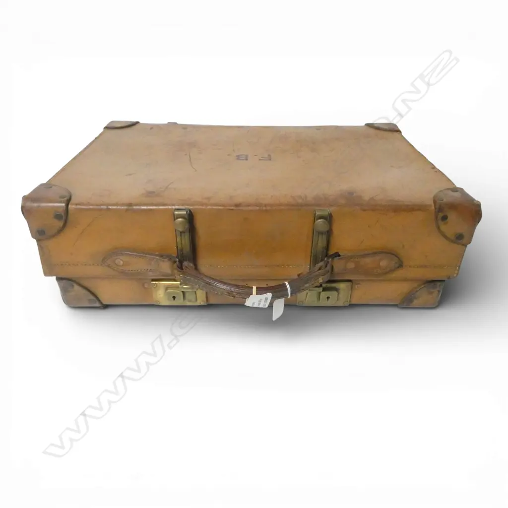VINTAGE HIDE LEATHER SUITCASE BRASS FITTINGS H370 L550MM Image 1++