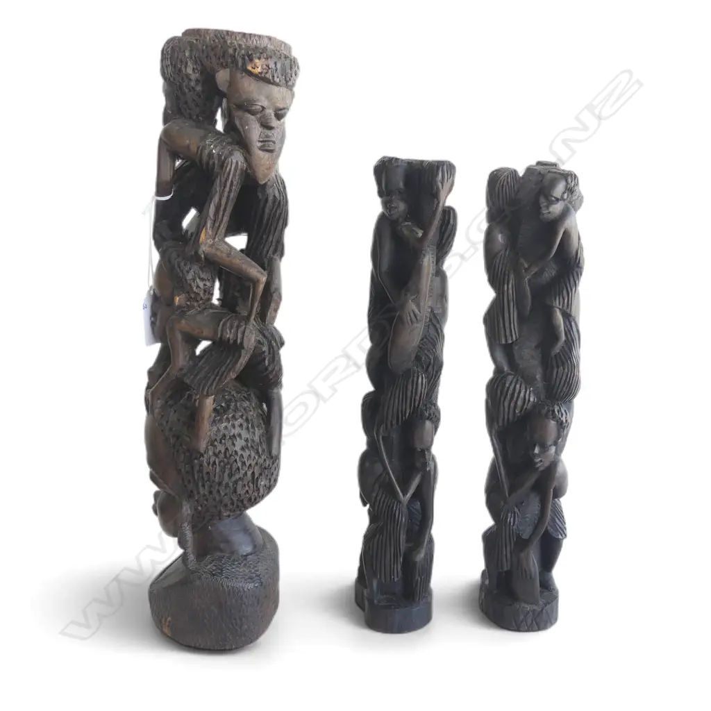 3 vintage AFRICAN EBONY CARVED TOTEMS EACH W MULTIPLE FIGURES tallest 390mm Image 1++