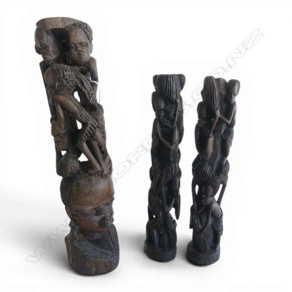3 vintage AFRICAN EBONY CARVED TOTEMS EACH W MULTIPLE FIGURES tallest 390mm Image 1++