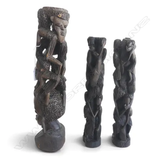 3 vintage AFRICAN EBONY CARVED TOTEMS EACH W MULTIPLE FIGURES tallest 390mm