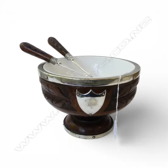    CARVED WOODEN COMPORT SALAD BOWL + SERVERS Dia.230mm
