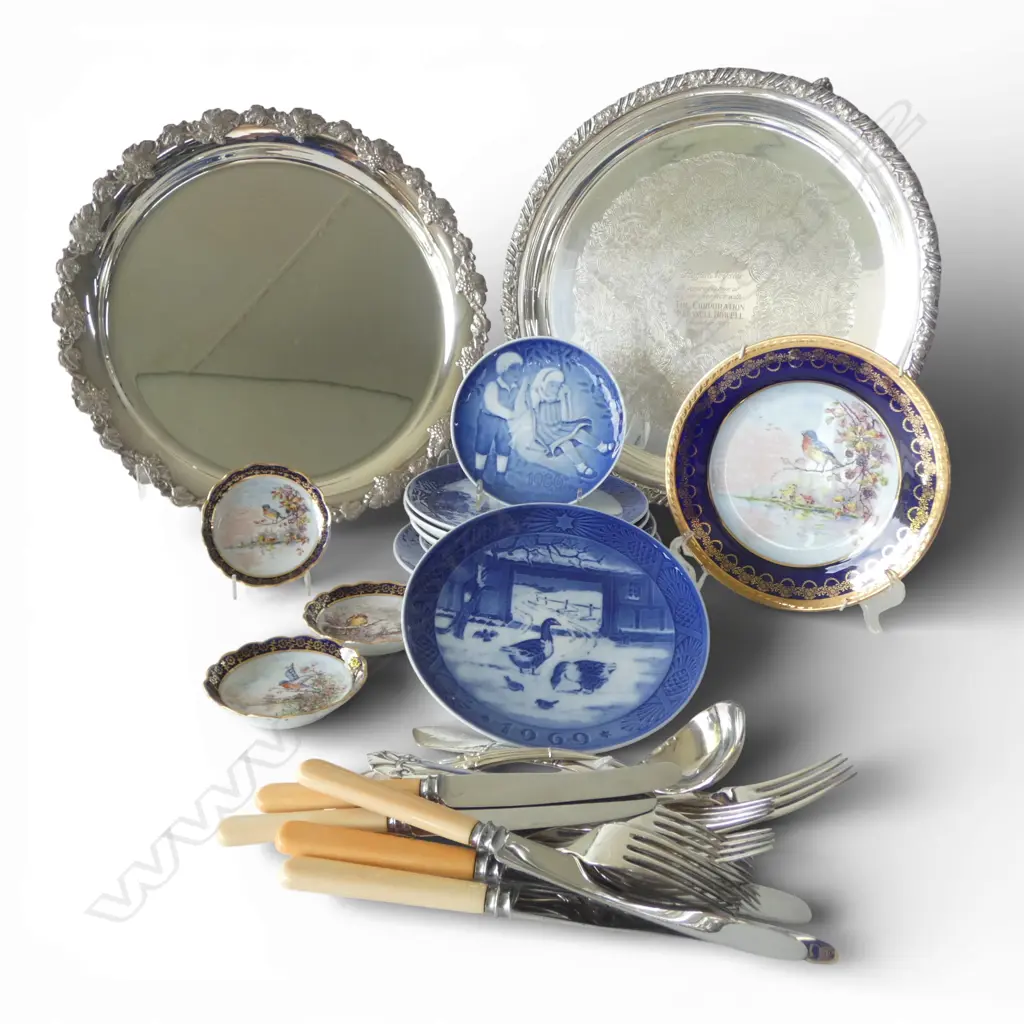 2 LG SILVER PLATE TRAYS 360mm dia, ROYAL COPENHAGEN PLATES, ASST. CUTLERY ETC Image 1++