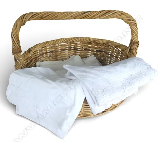 LARGE TWISTED WILLOW BASKET L650MM CONTENTS IRISH LINEN TABLE CLOTHES WHITE LINEN ETC