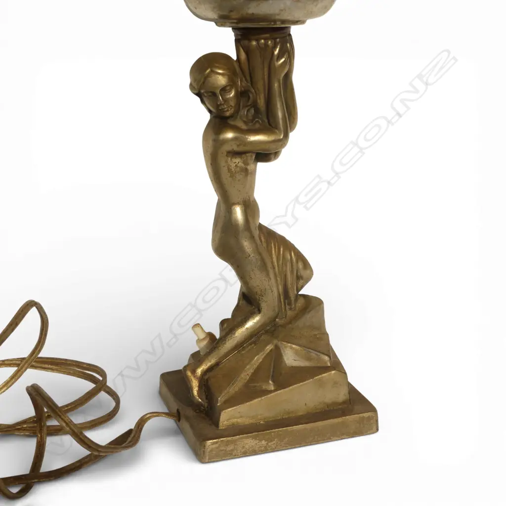 VINTAGE ART DECO STYLE SILVER PLATE LADY LAMP semi naked holding aloft a glass globe. No plug. H.385mm Image 1++