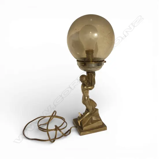 VINTAGE ART DECO STYLE SILVER PLATE LADY LAMP semi naked holding aloft a glass globe. No plug. H.385mm