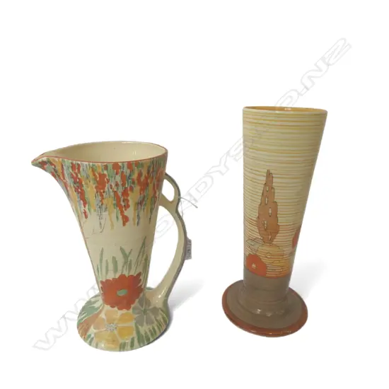 2 DECO HAND PAINTED VASES; CLARICE CLIFF H.265mm BASE REPAIRED, WADEHEATH JUG
