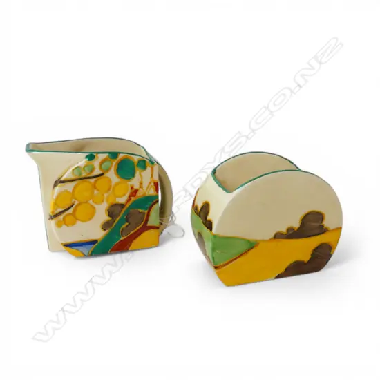 CLARICE CLIFF BIZARRE MILK JUG & SUGAR BOWL H.65mm