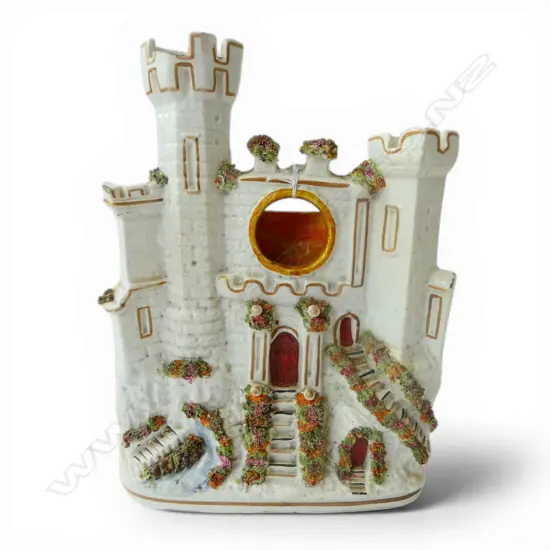 19thC STAFFORDSHIRE FLAT BACK CASTLE FORM POCKET WATCH HOLDER H.300mm minor losses