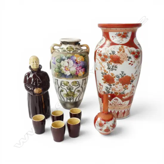 3 VASES; 2 KUTANI H.305mm (FIRING FLAW) + BESWICK MONK DECANTER & 5 CUPS