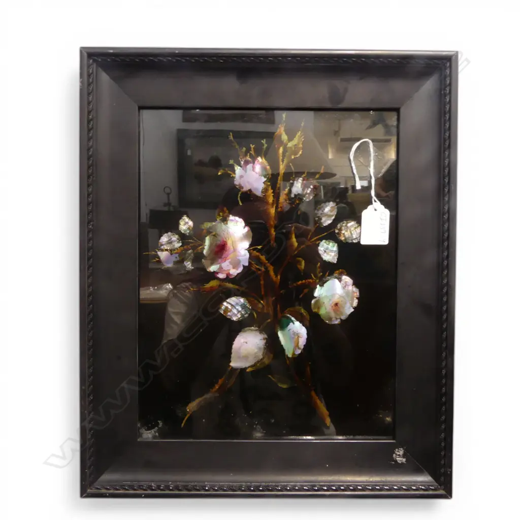 ANTIQUE BLACK LACQUER PANEL WITH FLORAL M.O.P HIGHLIGHTS 295 x 225mm UNDER GLASS IN BLACK FRAME Image 1++