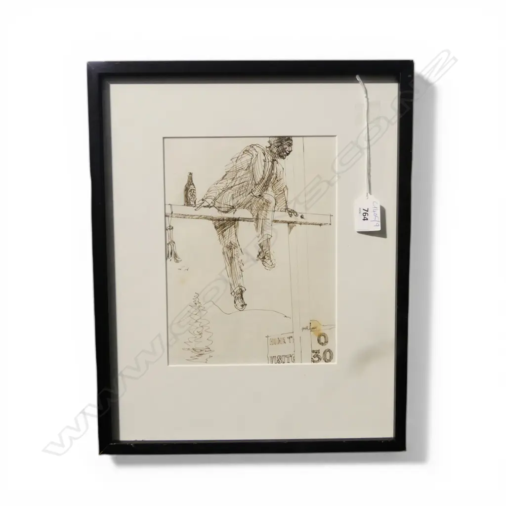 GARTH TAPPER, MAN ON CROSSBARS, PEN & INK DRAWING 225x170mm Image 1++