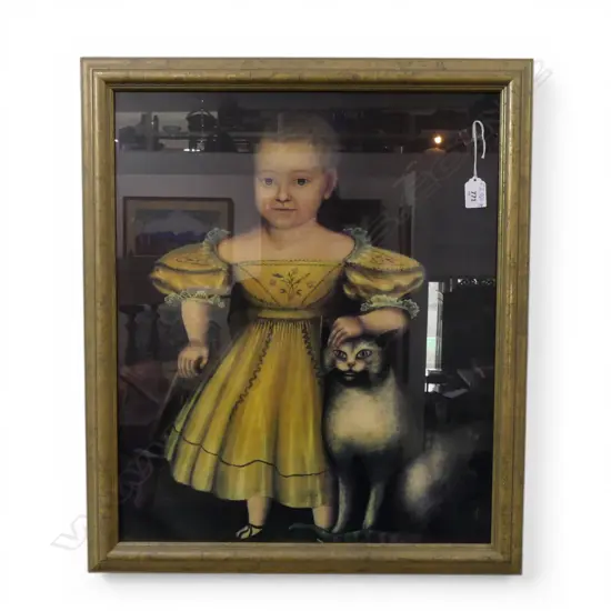 PRINT of an ANTIQUE FOLK ART PAINTING GIRL WITH CAT. 545 x 460mm