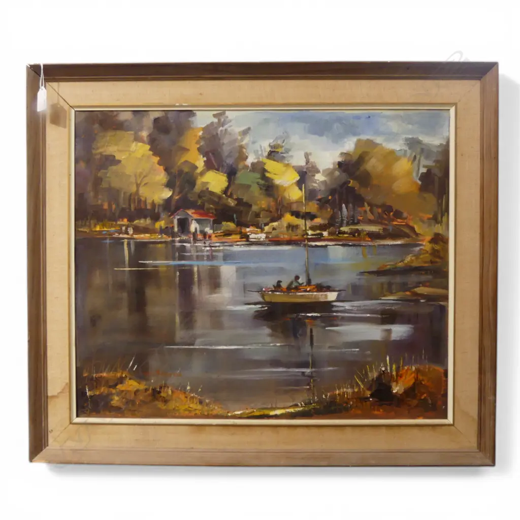 FLORENCE M LUXFORD 'NORTHCOTE REFLECTIONS AUCKLAND' OIL ON BOARD 490x595mm frame w. faults Image 1++