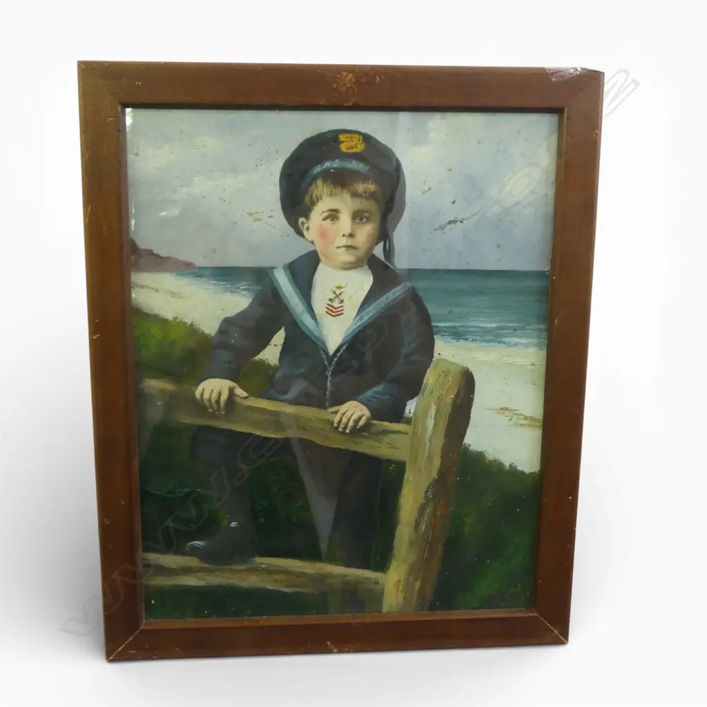 C1900 OIL PAINTING OF A BOY dressed as a sailor beside the sea. Possibly over a photo. 245 x 195mm minor scratching Image 1++