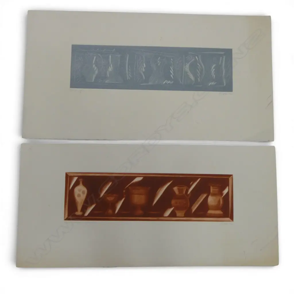 2 RODNEY FUMPSTON PRINTS; FRANCES HODGKINS VASES 10/30, DRAWING VASES 10/30 140x495mm BOTH WITH FOXING MARKS TO MARGIN Image 1++