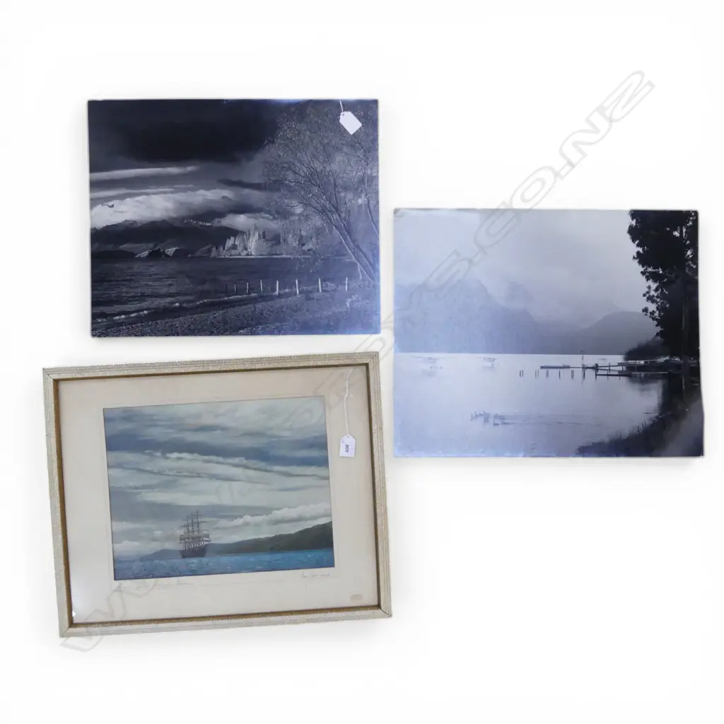 WHITES AVIATION? SAILBOAT LEAVING WELLINGTON HARBOUR 280x360mm + 2 B/W LAKE PRINTS 385x470mm Image 1++