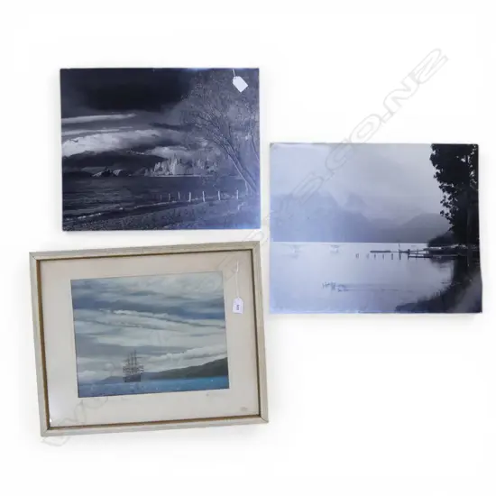 WHITES AVIATION? SAILBOAT LEAVING WELLINGTON HARBOUR 280x360mm + 2 B/W LAKE PRINTS 385x470mm