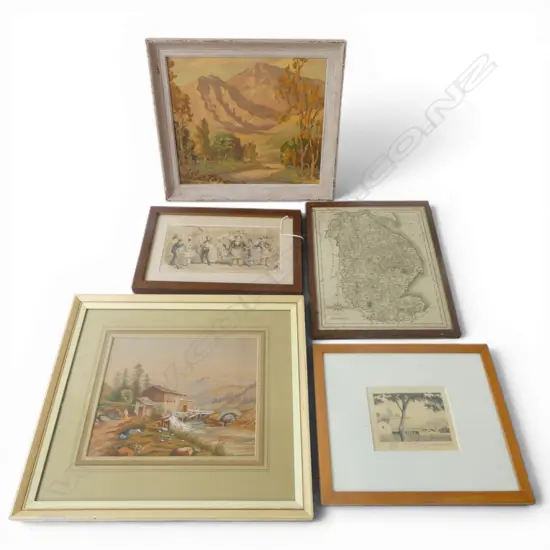 5 ARTWORKS; L. SIMPSON OIL 235x285mm, JAPANESE PRINT, WATERMILL, LINCOLNSHIRE MAP, 19th PRINT 'PROGESS OF BLOOMERISM'