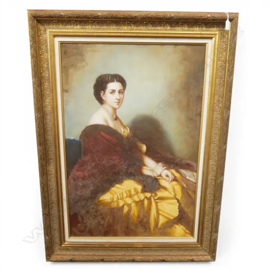 LG ANTIQUE STYLE OIL PAINTING; LADY IN GOLD DRESS w. PEARL NECKLACE, ORNATE GILT FRAME SOME MOULD 1240 x 835mm