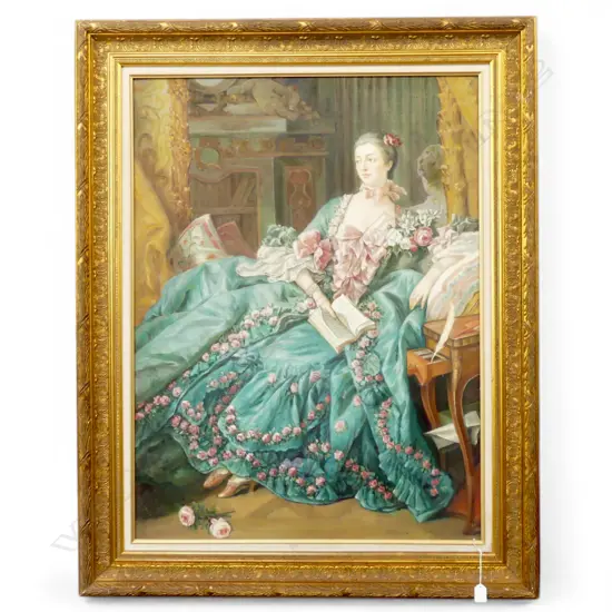 LARGE FRENCH ANTIQUE STYLE OIL PAINTING OF RECLINING LADY WITH ROSES TO DRESS IN ORNATE GILT FRAME1240 x 980mm