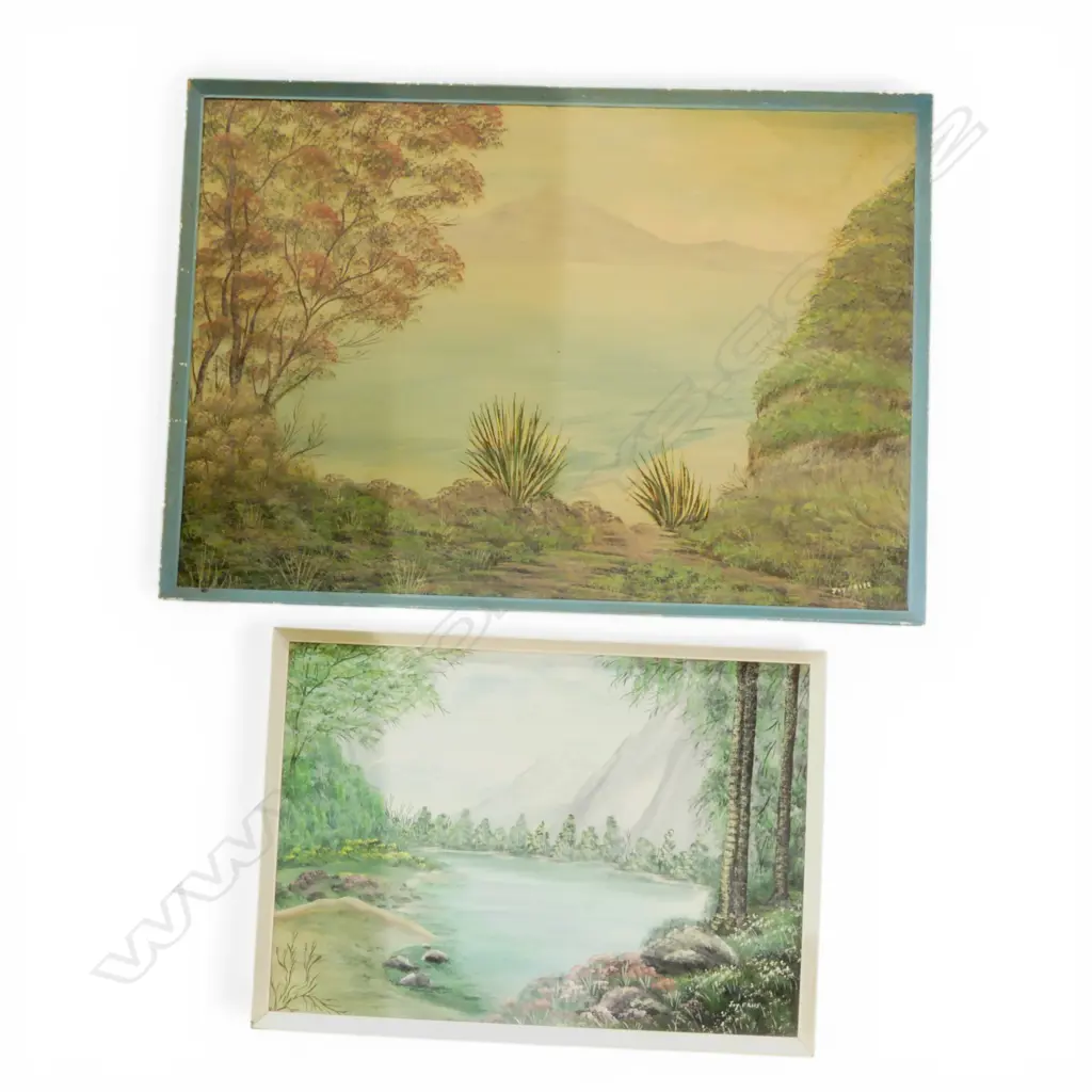 JOY FRIIS, TWO NEW ZEALAND LANDSCAPES, ACRYLIC ON MASONITE, EACH SIGNED,  410 x 590mm & 295 x 415mm Image 1++