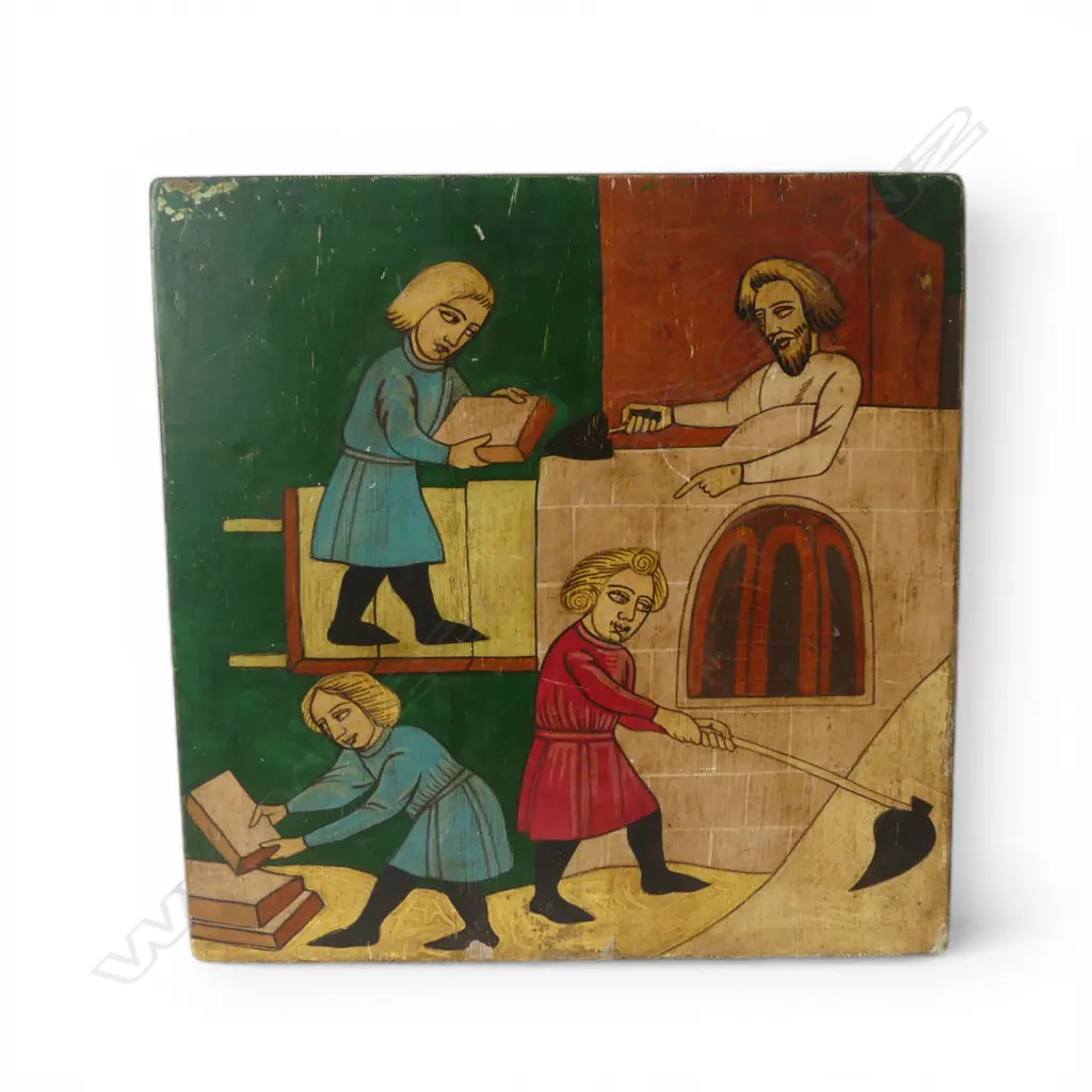 WOODEN BOARDED PLAQUE with painted scene of tiling or block making / laying. 430 x 430mm Image 1++