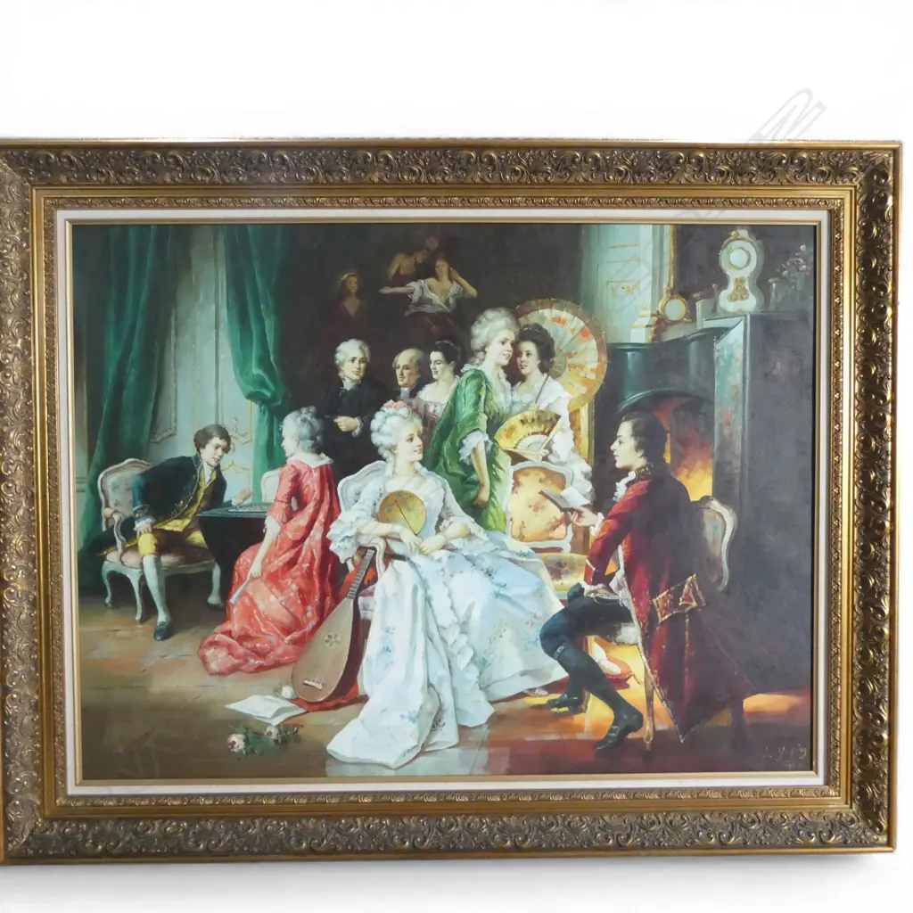LG ANTIQUE FRENCH STYLE OIL ON CANVAS 18thC FIGURES IN INTERIOR SCENE, ORNATE GILT FRAME  1460 x 1160mm Image 1++