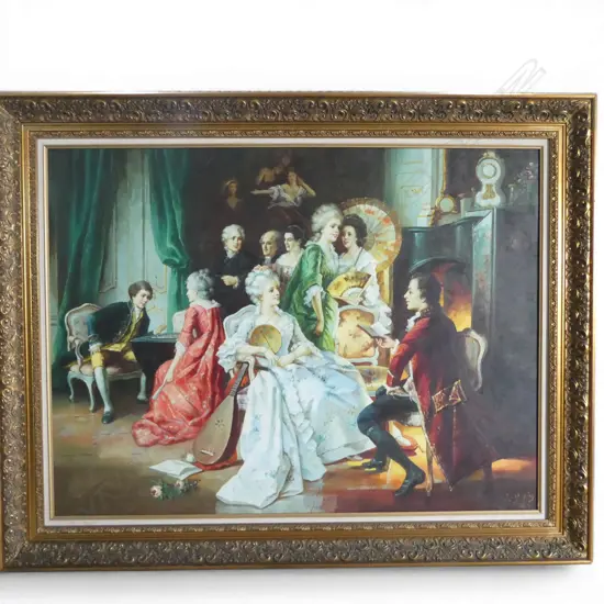 LG ANTIQUE FRENCH STYLE OIL ON CANVAS 18thC FIGURES IN INTERIOR SCENE, ORNATE GILT FRAME  1460 x 1160mm