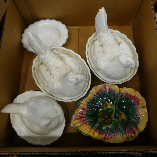 ASST. CHINA Incl. 3 MILK GLASS CHICKEN TUREENS