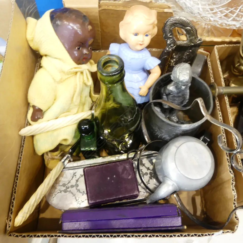 ASST. COLLECTABLES; 2 DOLLS, ANTIQUE ENGLISH GLASS BOTTLE, etc Image 1++