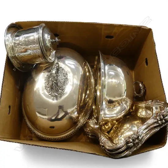 ASST. SILVER PLATE; 2 MEAT COVERS, CADDY & 3 TRAYS