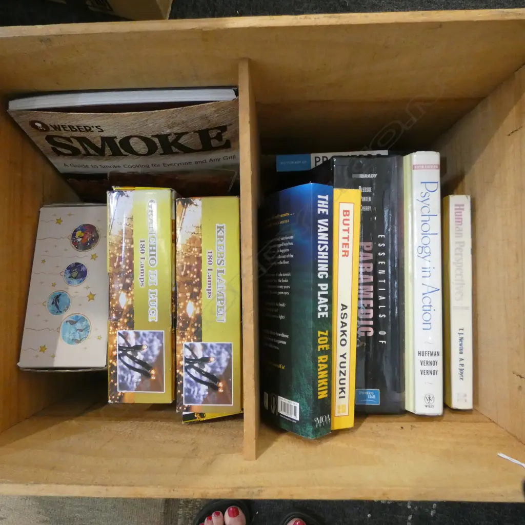 WOODEN BOX ON WHEELS WITH COLLECTION OF XMAS LIGHTS, BOOKS & ORNAMENTS Image 1++